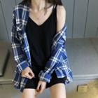 Plaid Long-sleeve Shirt Blue - One Size