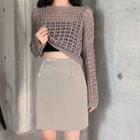 Long-sleeve Open Knit Top / High-waist Faux Leather Skirt