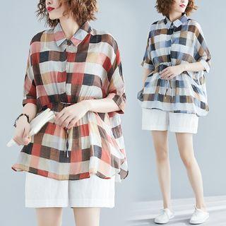 Plaid Drawstring-waist Elbow-sleeve Shirt