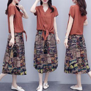 Set: Short-sleeve Blouse + Print Midi A-line Dress