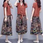Set: Short-sleeve Blouse + Print Midi A-line Dress
