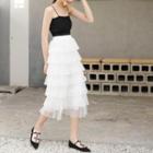 Set: Plain Camisole Top + Midi Tiered Skirt Camisole Top - Black - One Size / Skirt - White - One Size