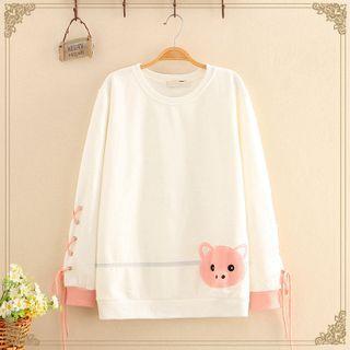 Pig Patch Lace-up Fleece-lined Sweatshirt