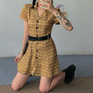 Short Sleeve Plaid A-line Shirtdress / Faux Leather Belt