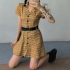 Short Sleeve Plaid A-line Shirtdress / Faux Leather Belt
