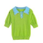 Short-sleeve Collared Two Tone Knit Top Green - One Size