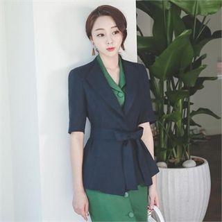 Short-sleeve Linen Blend Jacket With Sash