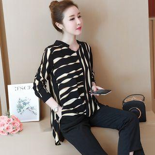 Set: Long-sleeve Patterned Top + Boot-cut Dress Pants