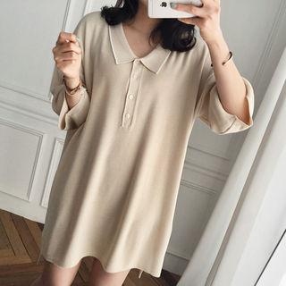 Contrast-collar 3/4-sleeve Knit Dress