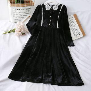 Lace-trim Colorblock Velvet Shirtdress Black - One Size