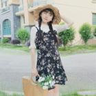 Set : Short-sleeve Top + Floral Print Spaghetti Strap Dress