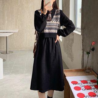 Long-sleeve Midi A-line Dress / Patterned Cropped Sweater Vest
