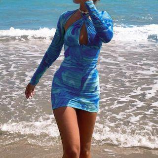 Set: Long-sleeve Tie Dye Crop Top + Halter-neck Mini Sheath Dress