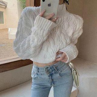 High-neck Long-sleeve Plain Cable Knit Cropped Sweater