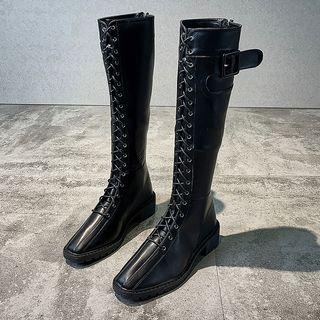 Faux Leather Lace-up Buckled Over-the-knee Boots