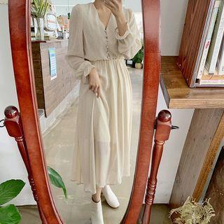 Dot Chiffon Gathered Long Dress