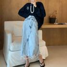 Distressed Denim Midi A-line Skirt / Long-sleeve Top