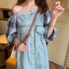 Plaid Off-shoulder Long-sleeve Denim Dress As Figure - One Size