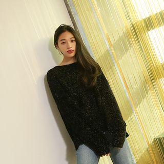 V-neck Glittered Knit Top Black - One Size