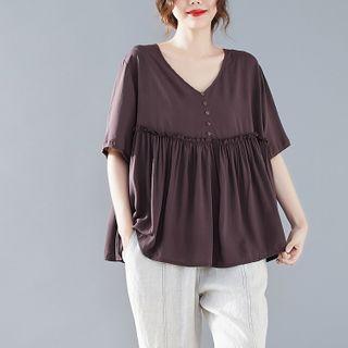 Short-sleeve V-neck Frill Trim Blouse