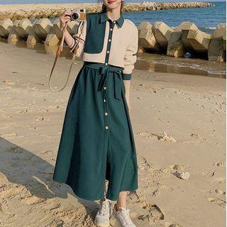 Long Sleeve Two Tone Midi A-line Shirtdress