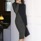 Long-sleeve Sheath Knit Dress Gray + Black - One Size