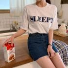 Round-neck Letter Print T-shirt Melange - One Size