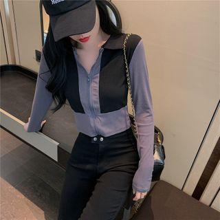Long-sleeve Two-tone Zip-up Crop Top