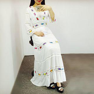 3/4-sleeve Embroidered Maxi Dress