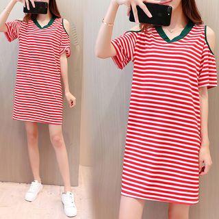 Cut Out Shoulder Elbow Sleeve Striped Short Sleeve T-shirt Dress
