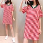 Cut Out Shoulder Elbow Sleeve Striped Short Sleeve T-shirt Dress