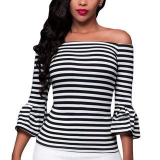 3/4-sleeve Off Shoulder Striped T-shirt