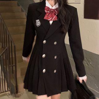 Long-sleeve Double-breasted Collared Mini A-line Dress
