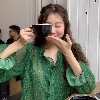 Ruffled Floral Print Chiffon Blouse Green - One Size