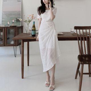 Short-sleeve Drawstring Ruffled Midi A-line Dress