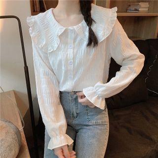 Plain Peter Pan Collar Long-sleeve Shirt White - One Size