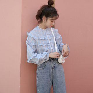 Long-sleeve Striped Blouse / Straight-cut Jeans