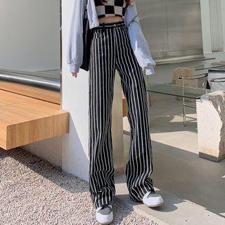 High Waist Striped Washed Loose Fit Jeans