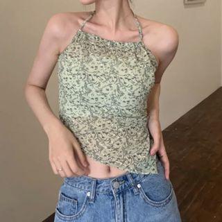 Set: Halter-neck Floral Cropped Camisole Top + Bandeau