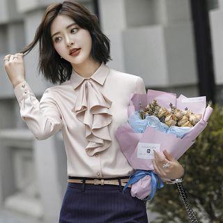 Ruffle-trim Shirt / Dress Pants / Mini Pencil Skirt / Set