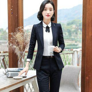 Contrast Trim Shirt / Pinstriped Blazer / Dress Pants / Pencil Skirt / Set