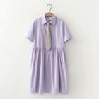 Set: Short-sleeve A-line Shirtdress + Plaid Tie
