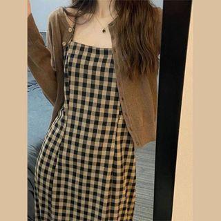 Set: Strappy Plaid A-line Dress + Cardigan
