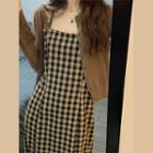 Set: Strappy Plaid A-line Dress + Cardigan
