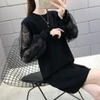 Lace Panel Long-sleeve Sweater Dress Black - One Size