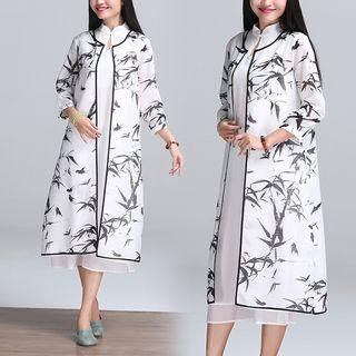 Set: 3/4-sleeve Floral A-line Midi Dress + Sleeveless A-line Midi Dress