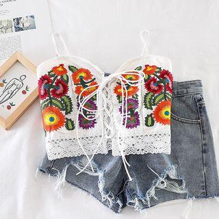 Floral Embroidered Sleeveless Top White - One Size