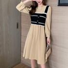 Set: Long-sleeve Midi A-line Dress + Contrast Trim Knit Camisole Top