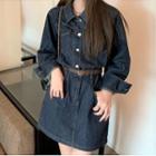 Set: Long-sleeve Denim Mini A-line Shirt Dress + Belt
