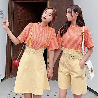 Short-sleeve Striped T-shirt / Mini Suspender Dress / Suspender Shorts / Set